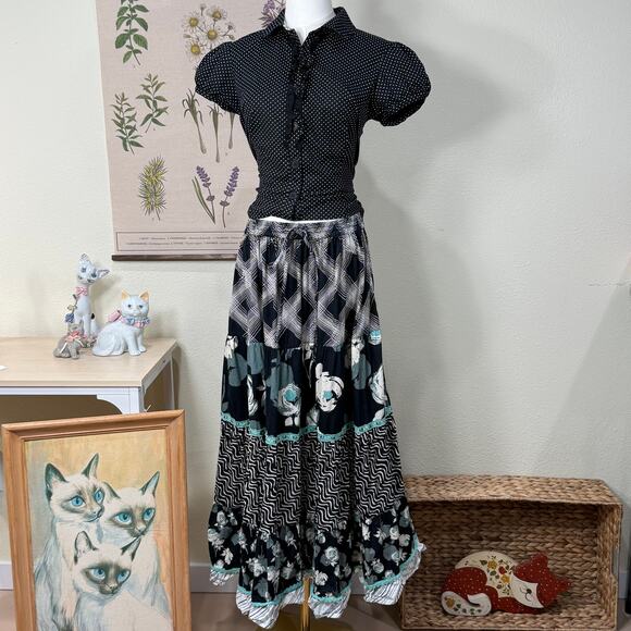 Vintage 90s Y2k Blue Floral Tiered Pesant Maxi Skirt Artsy Whimsy Twee Boho M OS - Picture 1 of 4